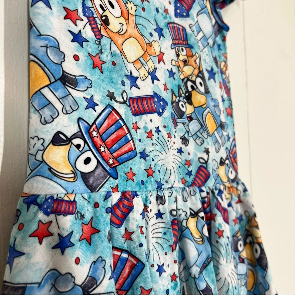 Charlie’s Project Kids Bluey Fireworks Fourth of July Bamboo Twirl Dress & Bow